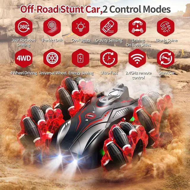 Alt view image 3 of 7 - RC Gesture Sensing Stunt Car2.4GHz 4WD Remote Control Car with Cool LightDouble Sided Rotating Off Road Vehicle 360° Flips Cars for 6-12 Year Old Boys Girls Birthday Presents (Red)