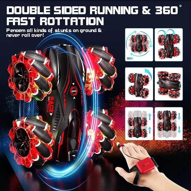 Alt view image 2 of 7 - RC Gesture Sensing Stunt Car2.4GHz 4WD Remote Control Car with Cool LightDouble Sided Rotating Off Road Vehicle 360° Flips Cars for 6-12 Year Old Boys Girls Birthday Presents (Red)