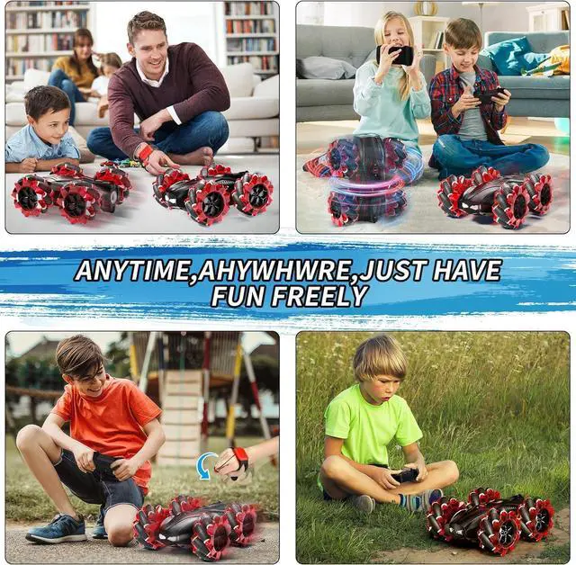Alt view image 5 of 7 - RC Gesture Sensing Stunt Car2.4GHz 4WD Remote Control Car with Cool LightDouble Sided Rotating Off Road Vehicle 360° Flips Cars for 6-12 Year Old Boys Girls Birthday Presents (Red)