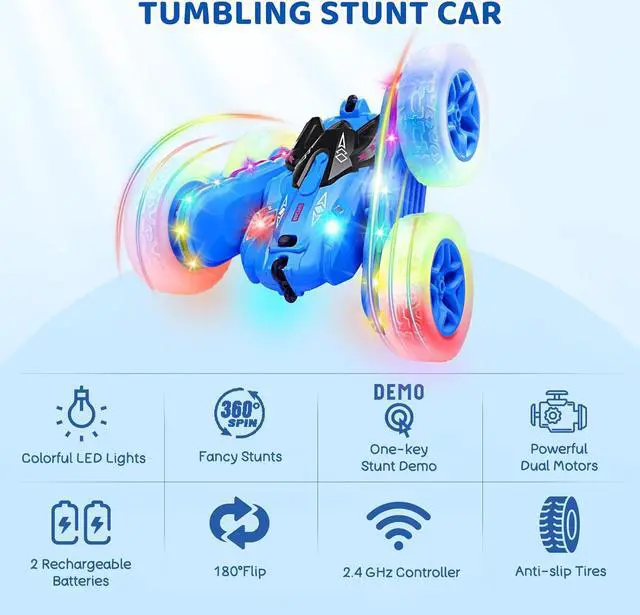 Alt view image 2 of 7 - SGILE Remote Control Car, Stunt Car with Sides Light Strip and Headlights, 2.4Ghz Double Sided 360 Flips Rotating Race Car, Rechargeable RC Car Kids Toy for Boys Girls Birthday Gift, Blue