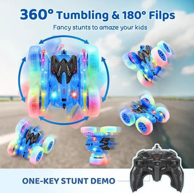 Alt view image 3 of 7 - SGILE Remote Control Car, Stunt Car with Sides Light Strip and Headlights, 2.4Ghz Double Sided 360 Flips Rotating Race Car, Rechargeable RC Car Kids Toy for Boys Girls Birthday Gift, Blue