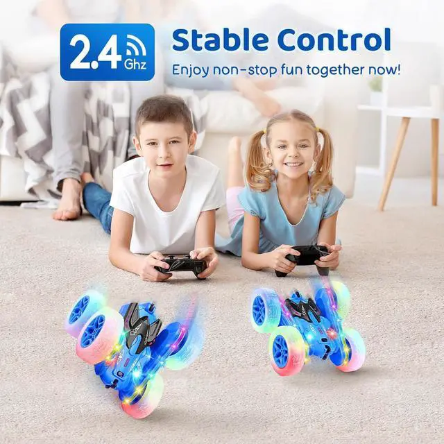Alt view image 4 of 7 - SGILE Remote Control Car, Stunt Car with Sides Light Strip and Headlights, 2.4Ghz Double Sided 360 Flips Rotating Race Car, Rechargeable RC Car Kids Toy for Boys Girls Birthday Gift, Blue