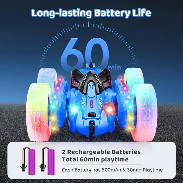 Alt view image 5 of 7 - SGILE Remote Control Car, Stunt Car with Sides Light Strip and Headlights, 2.4Ghz Double Sided 360 Flips Rotating Race Car, Rechargeable RC Car Kids Toy for Boys Girls Birthday Gift, Blue