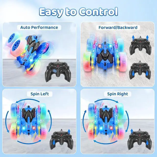 Alt view image 7 of 7 - SGILE Remote Control Car, Stunt Car with Sides Light Strip and Headlights, 2.4Ghz Double Sided 360 Flips Rotating Race Car, Rechargeable RC Car Kids Toy for Boys Girls Birthday Gift, Blue