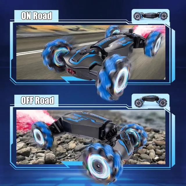 Alt view image 2 of 7 - 4WD Remote Control Gesture Sensor Car, Double-Sided Rotating 360° Flips Drift Car, 2.4 GHz Hand Control Car with Lights Music, RC Stunt Twist Car Birthday Presents for 6-12 Kids (Blue)