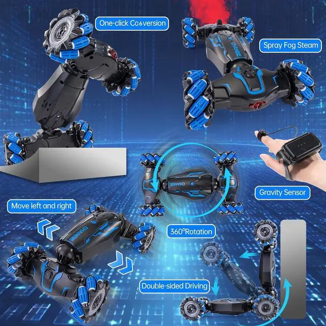 Alt view image 3 of 7 - 4WD Remote Control Gesture Sensor Car, Double-Sided Rotating 360° Flips Drift Car, 2.4 GHz Hand Control Car with Lights Music, RC Stunt Twist Car Birthday Presents for 6-12 Kids (Blue)