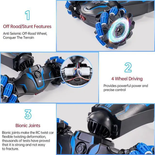 Alt view image 6 of 7 - 4WD Remote Control Gesture Sensor Car, Double-Sided Rotating 360° Flips Drift Car, 2.4 GHz Hand Control Car with Lights Music, RC Stunt Twist Car Birthday Presents for 6-12 Kids (Blue)