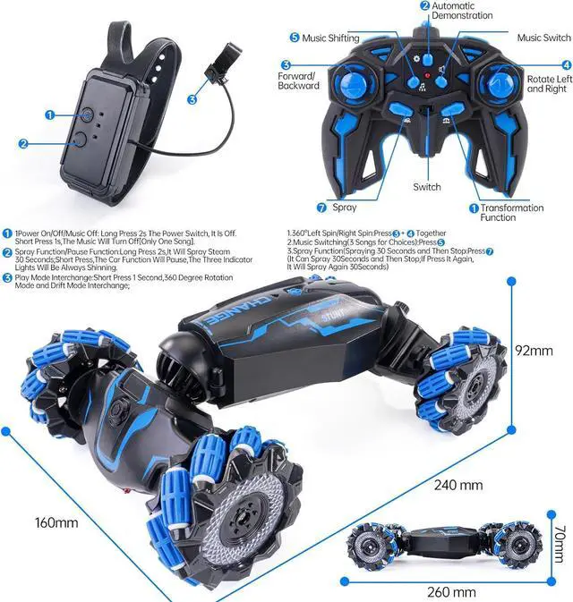 Alt view image 7 of 7 - 4WD Remote Control Gesture Sensor Car, Double-Sided Rotating 360° Flips Drift Car, 2.4 GHz Hand Control Car with Lights Music, RC Stunt Twist Car Birthday Presents for 6-12 Kids (Blue)