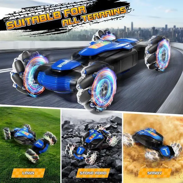 Alt view image 4 of 6 - Remote Control Car,2.4GHz 4WD Gesture Sensing RC Stunt Car with Cool Music and Light,Double-Sided Rotating 360° Flips Car Toy,RC Cars for 6-12 Boys Birthday GiftsBlue