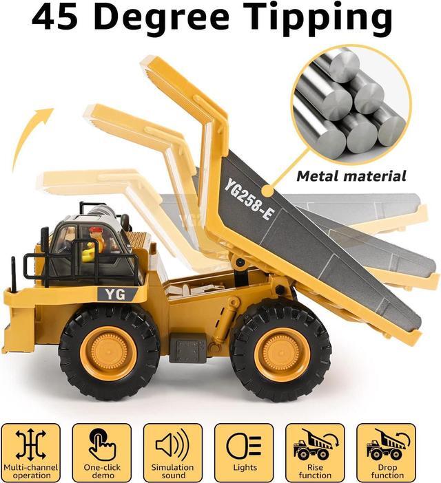 Alt view image 2 of 7 - Remote Control Dump Truck Toys 9 Channel 2 Batteries RC Construction Toy Vehicles with Metal Bed Lights/Sounds, Birthday Gifts for Boys Age 3+