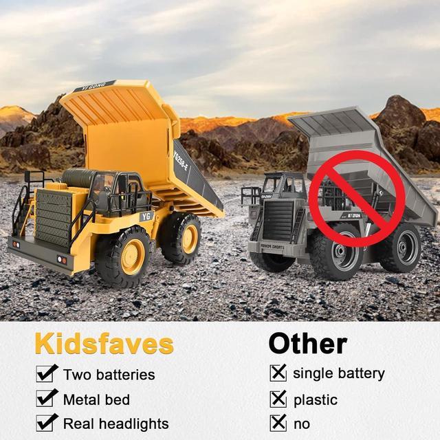 Alt view image 3 of 7 - Remote Control Dump Truck Toys 9 Channel 2 Batteries RC Construction Toy Vehicles with Metal Bed Lights/Sounds, Birthday Gifts for Boys Age 3+