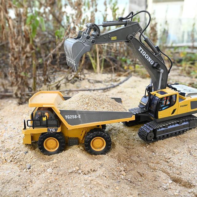 Alt view image 4 of 7 - Remote Control Dump Truck Toys 9 Channel 2 Batteries RC Construction Toy Vehicles with Metal Bed Lights/Sounds, Birthday Gifts for Boys Age 3+