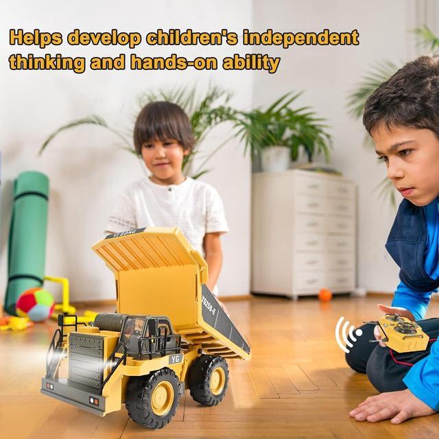 Alt view image 6 of 7 - Remote Control Dump Truck Toys 9 Channel 2 Batteries RC Construction Toy Vehicles with Metal Bed Lights/Sounds, Birthday Gifts for Boys Age 3+