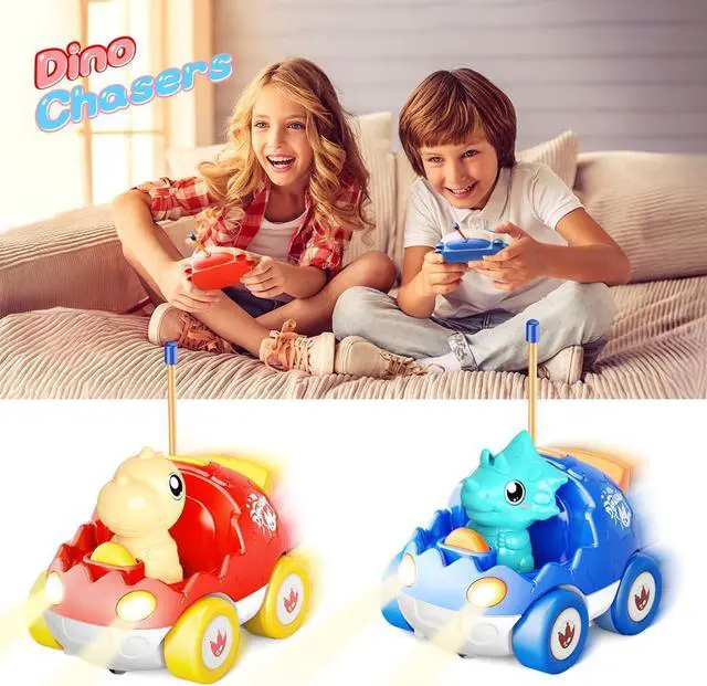 Alt view image 6 of 6 - Dinosaur Toys for 2 3 4 5 6 Years Old, 2 Pack Remote Control Cars, Race Cars for Kids, Toddlers Dino RC Car Toys with Music, Xmas, Birthday Gifts for Boys&Girls(Red Blue)