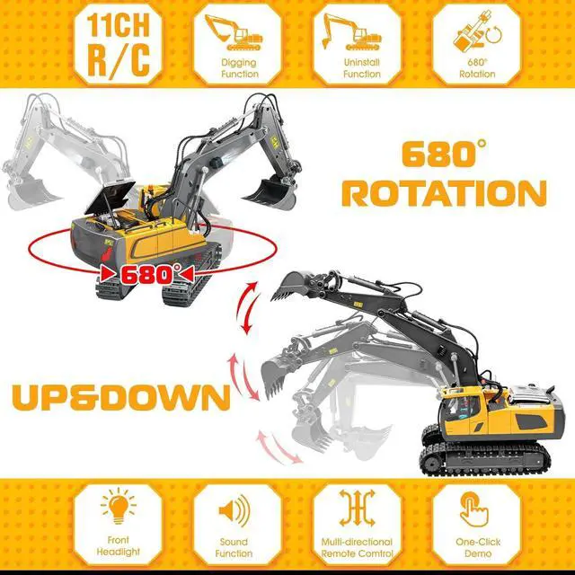 Alt view image 2 of 7 - Remote Control Excavator Toys, 11 Channel 1:20 RC Construction Vehicles, 680° Rotation Hydraulic Car Toys for 4 5 6 7 8 9 10 Year Old Boys Kids, RC Truck Digger Toys Christmas Birthday Gifts
