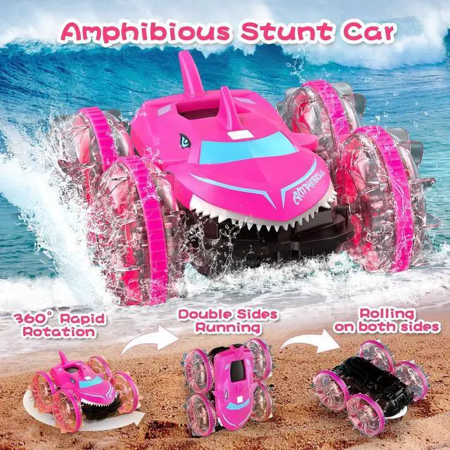 Alt view image 3 of 7 - Axirata Amphibious RC Car with Lights for Kids 6-12 Year Old Girls Toy Gesture Hand Remote Control Boat 4WD 2.4GHz Waterproof RC Stunt Car 360° Rotating Water Beach Pool Toys Gift for Girls Kids