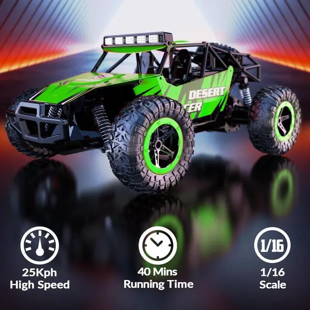 Alt view image 3 of 7 - RACENT Remote Control Cars for Boys - 1:16 20kph RC Truck Off-Road Monster Truck Toy for Kids & Adults with 2 Rechargeable Batteries (Green)