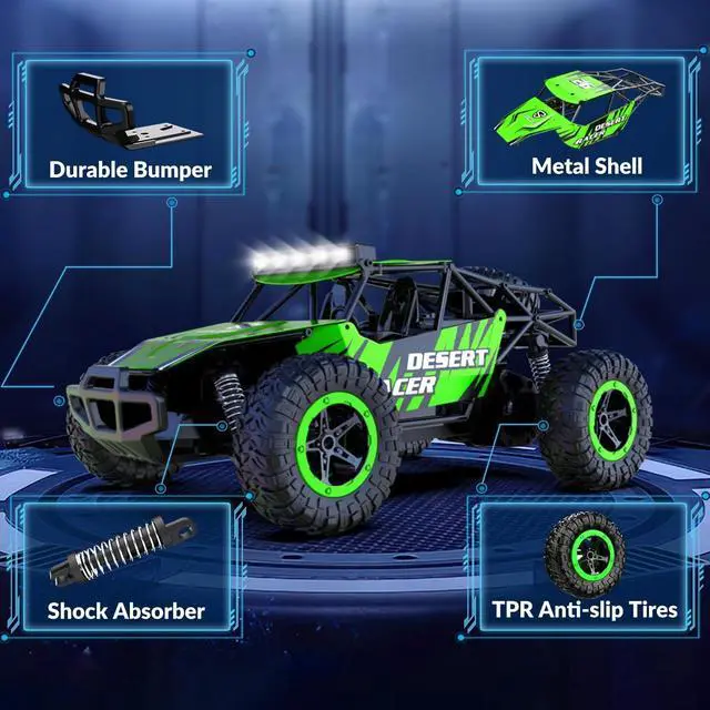Alt view image 4 of 7 - RACENT Remote Control Cars for Boys - 1:16 20kph RC Truck Off-Road Monster Truck Toy for Kids & Adults with 2 Rechargeable Batteries (Green)