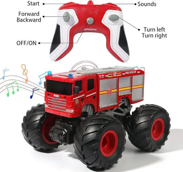 Alt view image 2 of 6 - Remote Control Fire Truck Monster Truck Toy,1/18 RC Fire Truck,2.4GHz Offroad Hobby RC Racing Car with LED, High Speed, Best Gift for Kids
