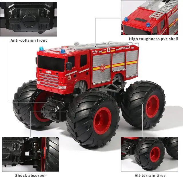 Alt view image 3 of 6 - Remote Control Fire Truck Monster Truck Toy,1/18 RC Fire Truck,2.4GHz Offroad Hobby RC Racing Car with LED, High Speed, Best Gift for Kids