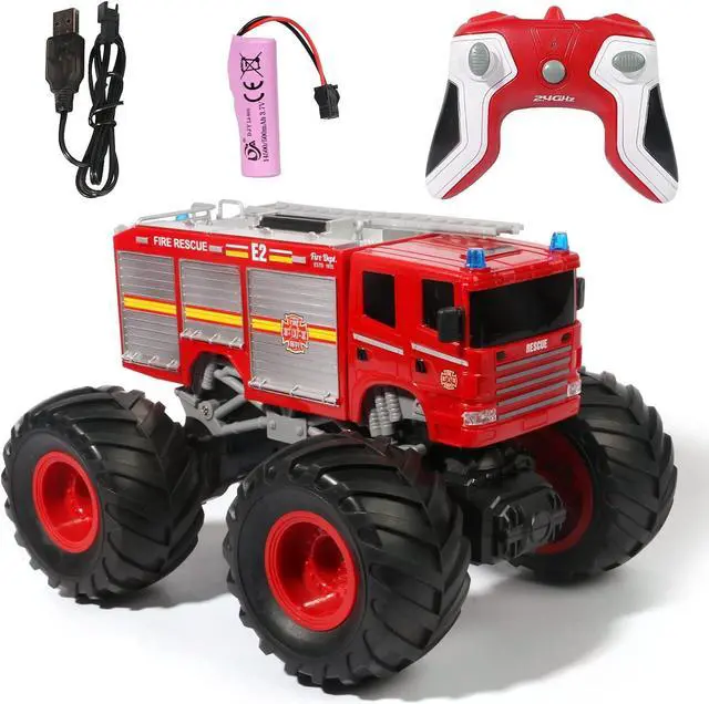 Alt view image 5 of 6 - Remote Control Fire Truck Monster Truck Toy,1/18 RC Fire Truck,2.4GHz Offroad Hobby RC Racing Car with LED, High Speed, Best Gift for Kids