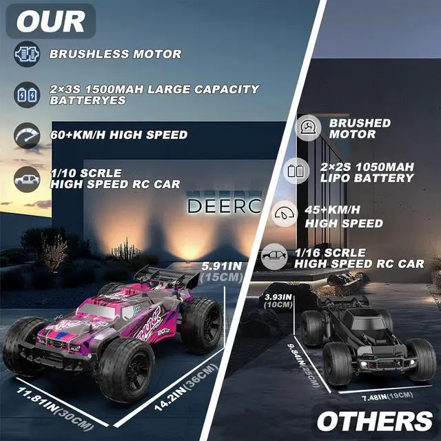 Alt view image 5 of 7 - DEERC 200E 1:10 Large 3S Brushless High Speed RC Cars for Adults, 4X4 Fast RC Trucks W/Extra Shell LED Headlight, 60 KM/H, All Terrain Remote Control Car, Offroad Monster Truck for Boys,2 Battery