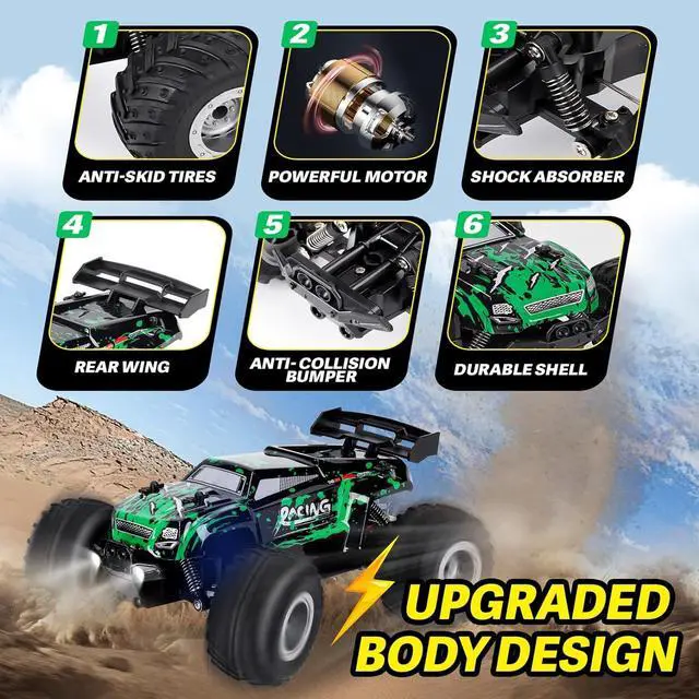 Alt view image 4 of 7 - Remote Control Car for Boys Age 4-7 8-12, 1:18 Remote Control Monster Truck, 20KM/H All Terrain Off-Road RC Truck, Rechargeable RC Cars with Bodylight, Birthday Toys Gifts for Boys