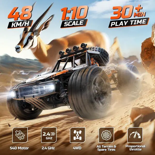 Alt view image 2 of 7 - DEERC 1:10 Scale RC Monster Truck for Adults & Boys, 48KM/H Speed 4X4 Hobby RC Car with Lights, 2 Rechargeable Batteries, 2.4 GHz All Terrain Remote Control Car Toys for 30mins Fun
