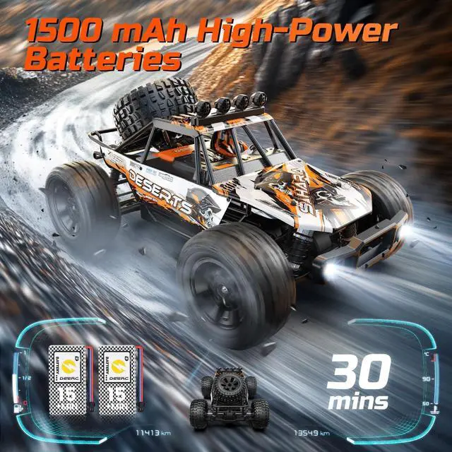 Alt view image 5 of 7 - DEERC 1:10 Scale RC Monster Truck for Adults & Boys, 48KM/H Speed 4X4 Hobby RC Car with Lights, 2 Rechargeable Batteries, 2.4 GHz All Terrain Remote Control Car Toys for 30mins Fun