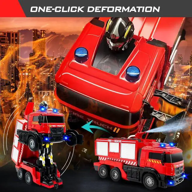 Alt view image 2 of 6 - Remote Control Fire Truck With Led Sounds,RC Fire Truck Car Toy With 3pcs Small Firetrucks 10pcs Roadblock Models, One Button Press Spraying Water Transformer Fire Truck Toys For Kids Toddlers Boys