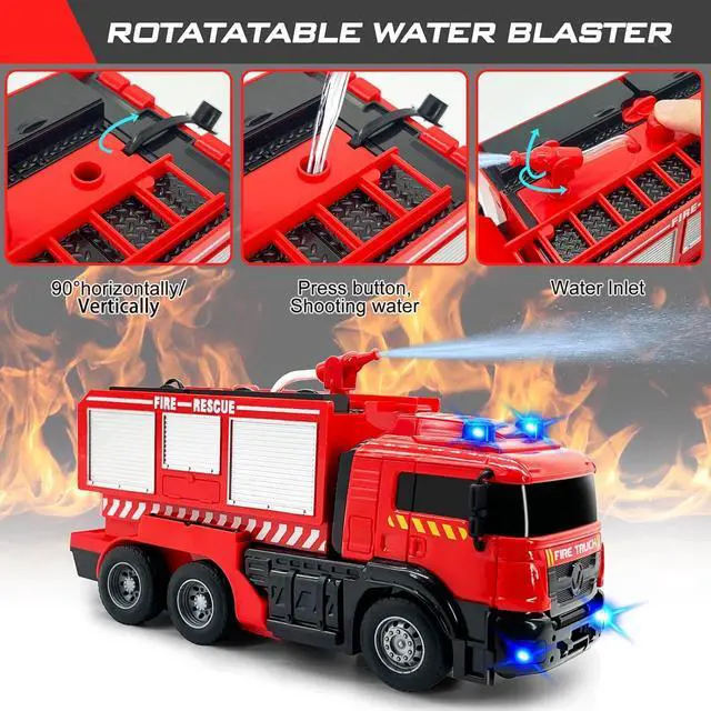 Alt view image 3 of 6 - Remote Control Fire Truck With Led Sounds,RC Fire Truck Car Toy With 3pcs Small Firetrucks 10pcs Roadblock Models, One Button Press Spraying Water Transformer Fire Truck Toys For Kids Toddlers Boys