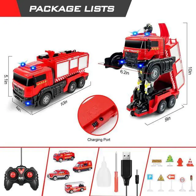 Alt view image 6 of 6 - Remote Control Fire Truck With Led Sounds,RC Fire Truck Car Toy With 3pcs Small Firetrucks 10pcs Roadblock Models, One Button Press Spraying Water Transformer Fire Truck Toys For Kids Toddlers Boys