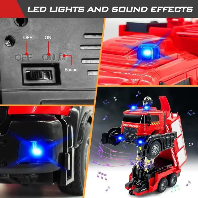 Alt view image 5 of 6 - Remote Control Fire Truck With Led Sounds,RC Fire Truck Car Toy With 3pcs Small Firetrucks 10pcs Roadblock Models, One Button Press Spraying Water Transformer Fire Truck Toys For Kids Toddlers Boys