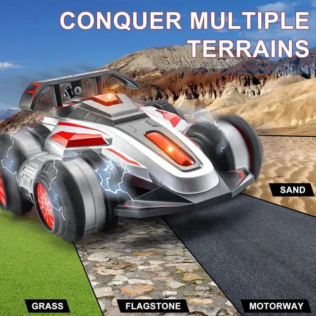 Alt view image 4 of 7 - RC Cars, 2.4 GHz Fast Stunt RC Car, 4WD 360° Rotating RC Trucks with lights and music, High Speed Off Road Stunt Truck, upright walking cars, Remote Control Car Toy for 6-12 Boys and Girls(RED)