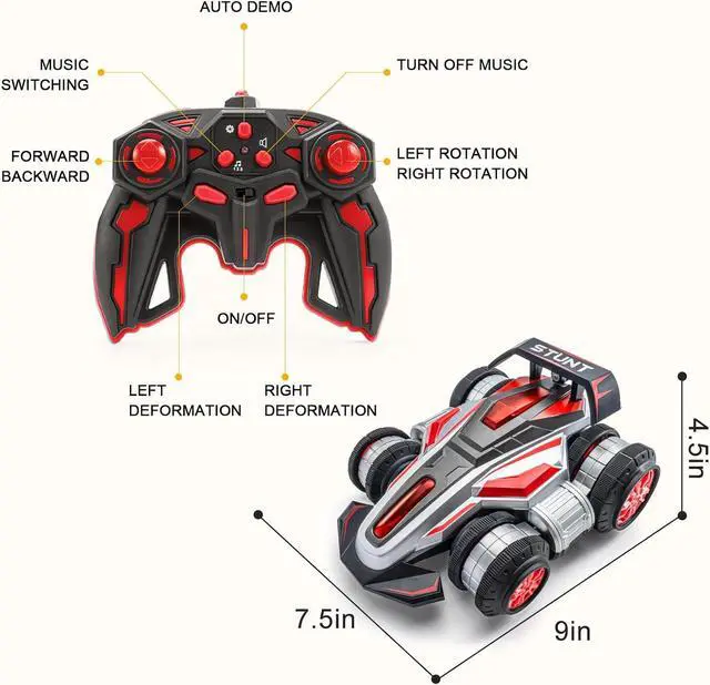 Alt view image 5 of 7 - RC Cars, 2.4 GHz Fast Stunt RC Car, 4WD 360° Rotating RC Trucks with lights and music, High Speed Off Road Stunt Truck, upright walking cars, Remote Control Car Toy for 6-12 Boys and Girls(RED)