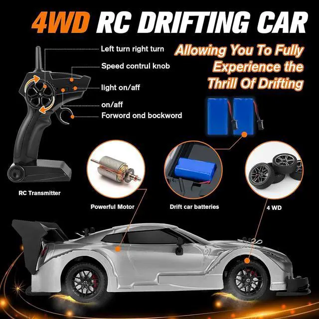 Alt view image 3 of 6 - RC Drift Car, 1:16 Scale Drifting RC Cars, 2.4GHz 4WD RC Race Car, 40km/h High-Speed Remote Control Drift Car Vehicle, Racing Sport for Boys Girls Kids - 2 USB Rechargeable Batteries (Silver)