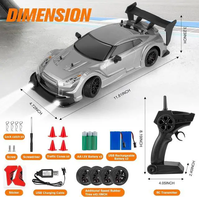 Alt view image 6 of 6 - RC Drift Car, 1:16 Scale Drifting RC Cars, 2.4GHz 4WD RC Race Car, 40km/h High-Speed Remote Control Drift Car Vehicle, Racing Sport for Boys Girls Kids - 2 USB Rechargeable Batteries (Silver)