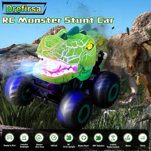 Alt view image 2 of 7 - Remote Control Dinosaur Car for Boys Age 4-7 8-12, 50min+ Runtime Monster Truck Toy with Spray, Light, Music, 360 Rotating, 90 Driving, All Terrain Dinosaur Toy for Kid Birthday Xmas Gift