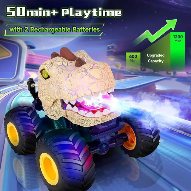 Alt view image 3 of 7 - Remote Control Dinosaur Car for Boys Age 4-7 8-12, 50min+ Runtime Monster Truck Toy with Spray, Light, Music, 360 Rotating, 90 Driving, All Terrain Dinosaur Toy for Kid Birthday Xmas Gift