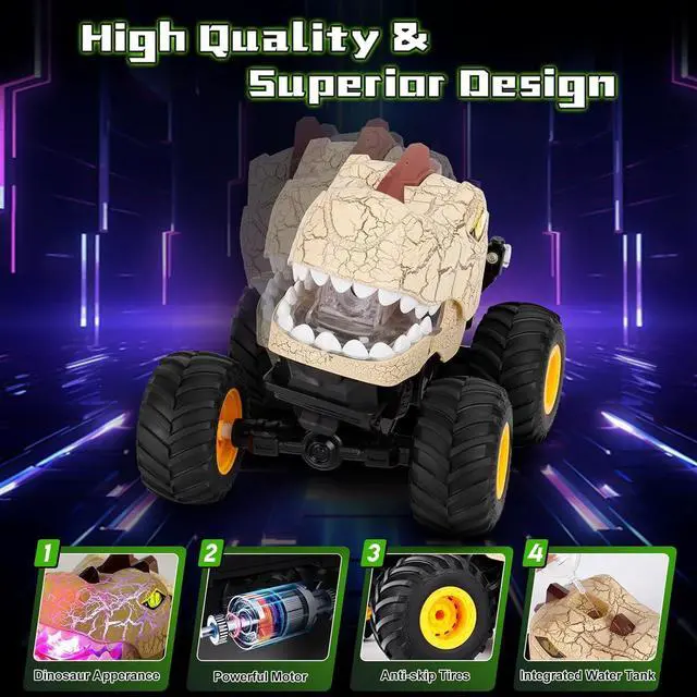 Alt view image 5 of 7 - Remote Control Dinosaur Car for Boys Age 4-7 8-12, 50min+ Runtime Monster Truck Toy with Spray, Light, Music, 360 Rotating, 90 Driving, All Terrain Dinosaur Toy for Kid Birthday Xmas Gift