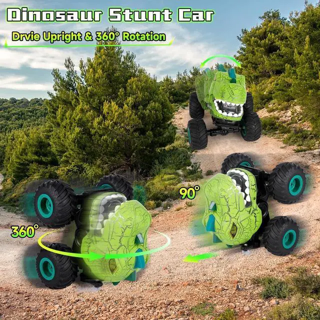 Alt view image 4 of 7 - Remote Control Dinosaur Car for Boys Age 4-7 8-12, 50min+ Runtime Monster Truck Toy with Spray, Light, Music, 360 Rotating, 90 Driving, All Terrain Dinosaur Toy for Kid Birthday Xmas Gift