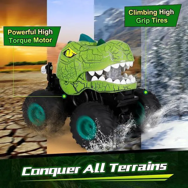Alt view image 6 of 7 - Remote Control Dinosaur Car for Boys Age 4-7 8-12, 50min+ Runtime Monster Truck Toy with Spray, Light, Music, 360 Rotating, 90 Driving, All Terrain Dinosaur Toy for Kid Birthday Xmas Gift