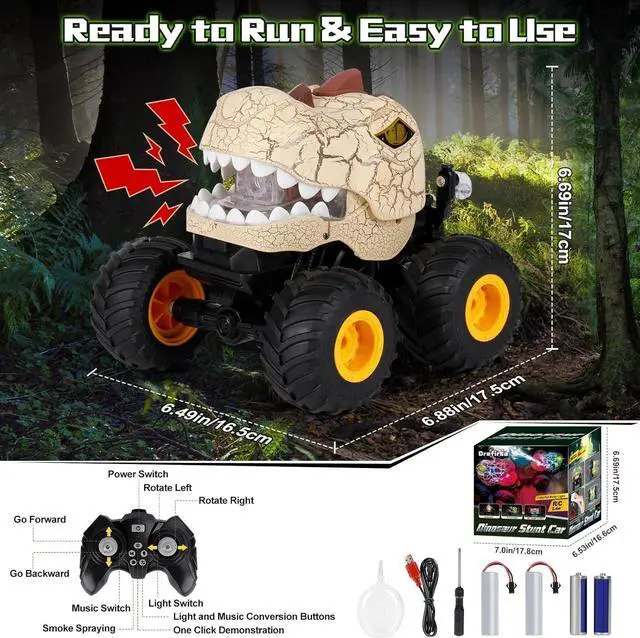 Alt view image 7 of 7 - Remote Control Dinosaur Car for Boys Age 4-7 8-12, 50min+ Runtime Monster Truck Toy with Spray, Light, Music, 360 Rotating, 90 Driving, All Terrain Dinosaur Toy for Kid Birthday Xmas Gift