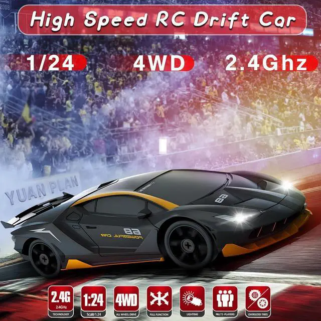 Alt view image 2 of 6 - RC Drift Car, 1/24 4WD Remote Control Car RC Cars for Kids, 2.4GHz Hobby Racing Car Toys with LED Light Two Rechargeable Batteries and Drift Tires Toy Cars for Boys Girls Adults