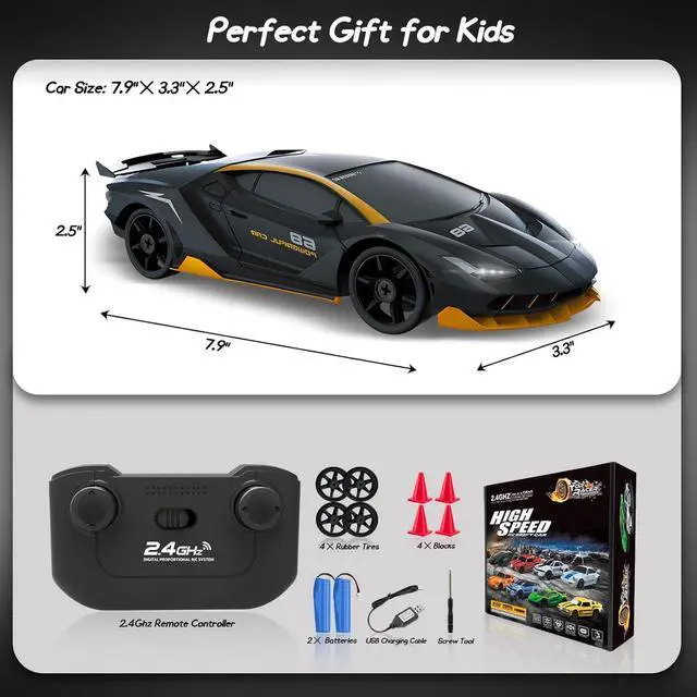 Alt view image 6 of 6 - RC Drift Car, 1/24 4WD Remote Control Car RC Cars for Kids, 2.4GHz Hobby Racing Car Toys with LED Light Two Rechargeable Batteries and Drift Tires Toy Cars for Boys Girls Adults