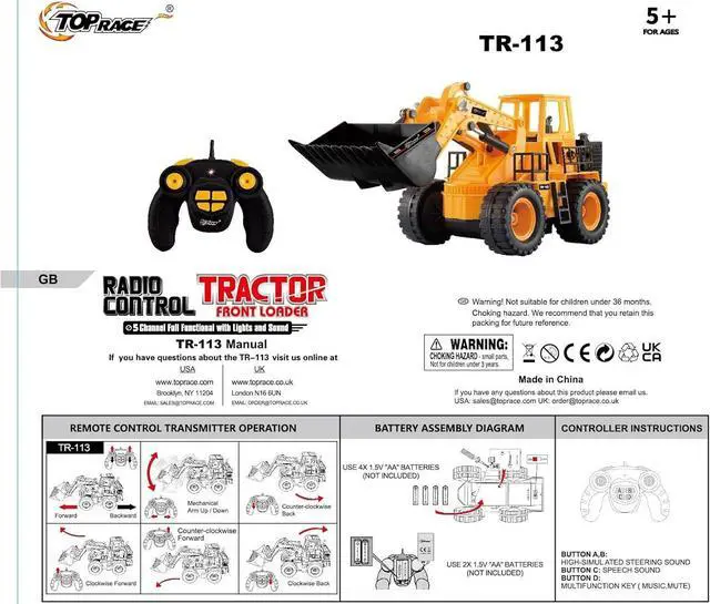Alt view image 4 of 6 - Top Race TR-113 5 Channel Full Functional Remote Control Tractor Toy Front Loader - 14 x 6 x 8 inch Electric RC Remote Control Construction Toy Tractors with Lights and Sounds