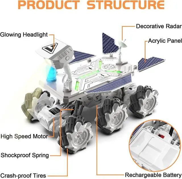 Alt view image 3 of 6 - Mars Rover Remote Control Car for Boys 4-7, Space Explorers Toys RC Cars for Boys Age 8-12, Moon Rover with 2.4Ghz Remote Control, Astronaut Model, 6 Laterally Movable Wheels, Rechargeable