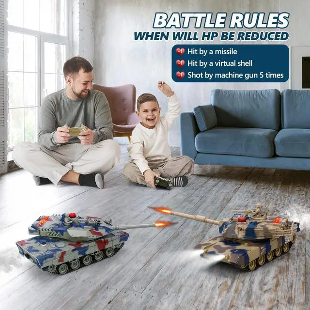 Alt view image 2 of 6 - RC Tank Set, 1/24 Scale RC Army Battle Tanks with Life Indicators and Spray, 35 Mins Playtime Remote Control Military Toys, Set of 2 RC Vehicles for Kids and Adults