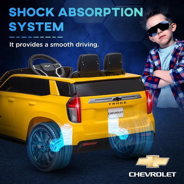 Alt view image 7 of 7 - Aosom Chevrolet Tahoe Licensed Kids Ride on Car, 12V Battery Powered Kids Electric Car with Remote Control, 4-Wheeler Suspension, Music, Lights, Horn, for Ages 3-6 Years Old, Yellow