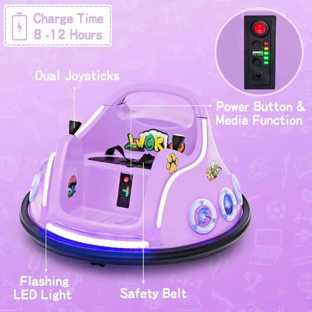 Alt view image 4 of 7 - HONEY JOY 12V Toddler Bumper Car, Battery Powered Baby Ride on Bumper Car, Dual Joysticks, Flashing LED Light & Music, Electric Vehicle Ride on Toys w/Remote Control, Gift for Boys Girls (Purple)